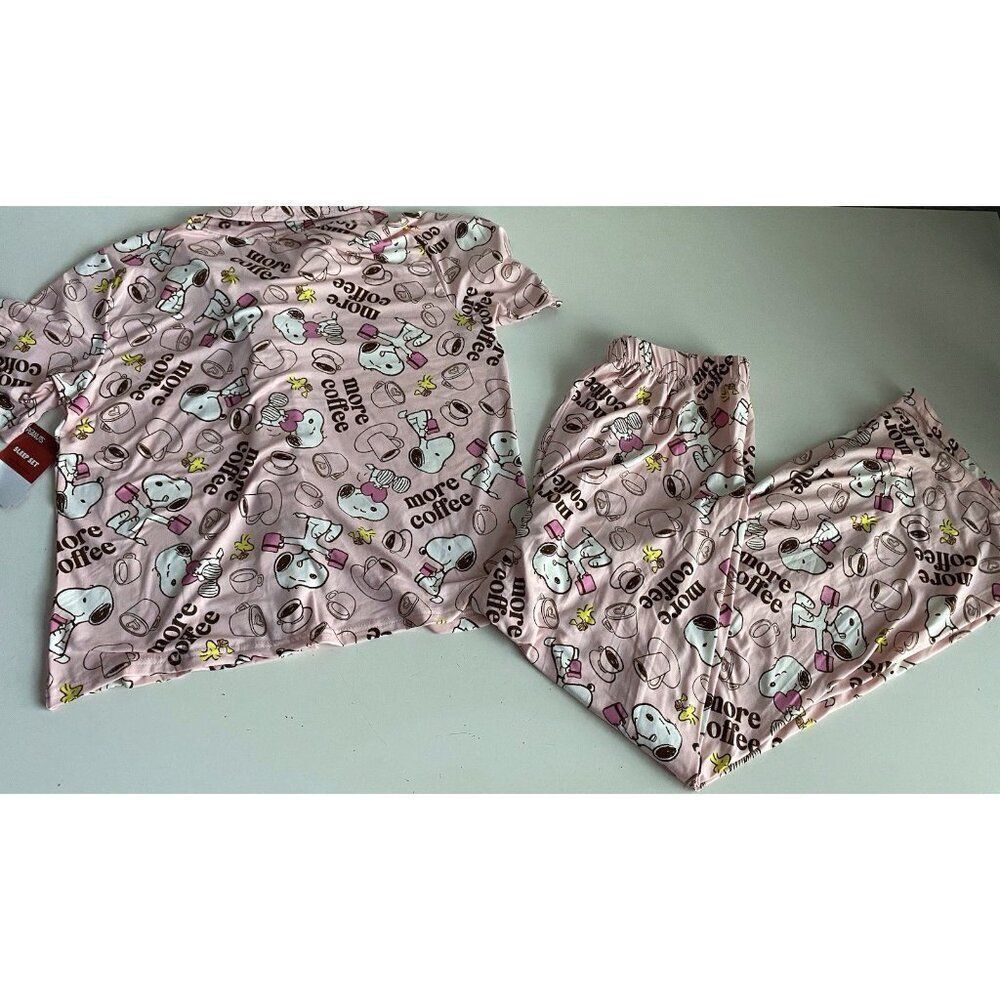 Peanuts SNOOPY Pink Women’s Sz L‎ Pajama PJ Set Pants Short Sleeve More Coffee - Picture 9 of 12